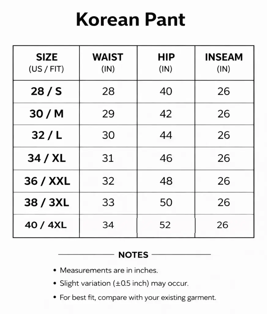 Korean pant size chart.webp