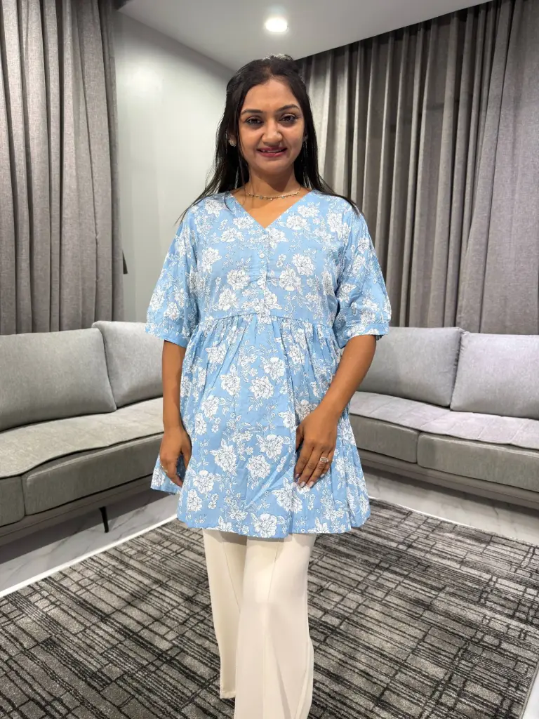 Powder Blue Pure Cotton Floral Printed A-Line Top