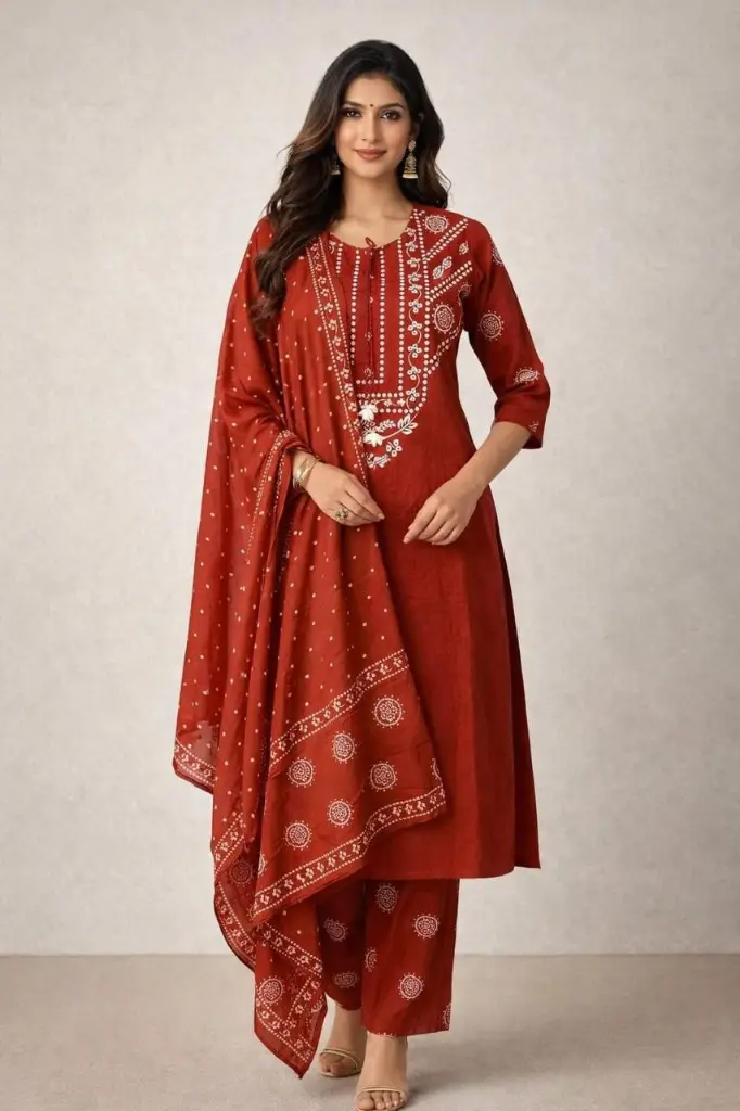 Rust Bandhani Grace Cotton Suit Set