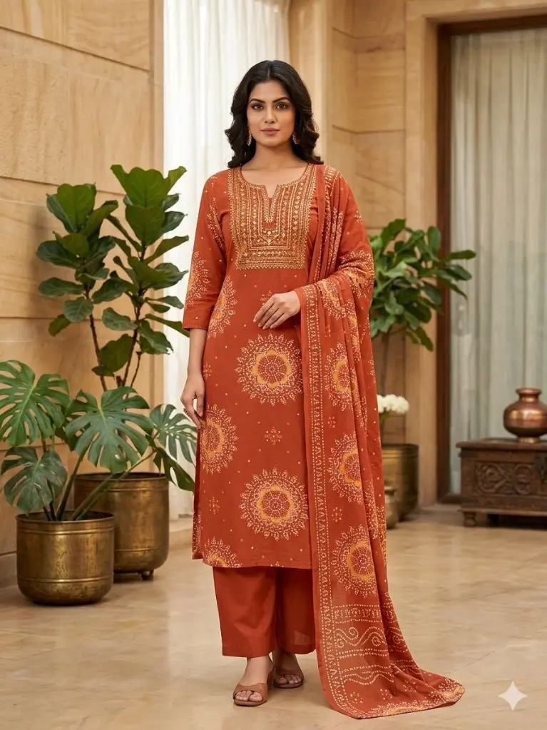 Terracotta Bloom Pure Cotton 3-Piece Suit Set