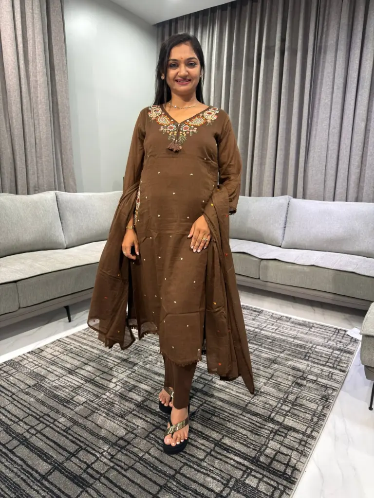 Mocha Grace Embroidered Mull Cotton Suit Set