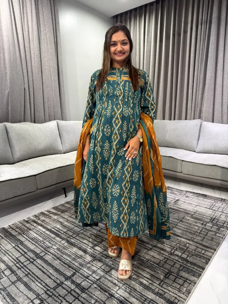 Teal Mustard Ikat Cotton Suit Set