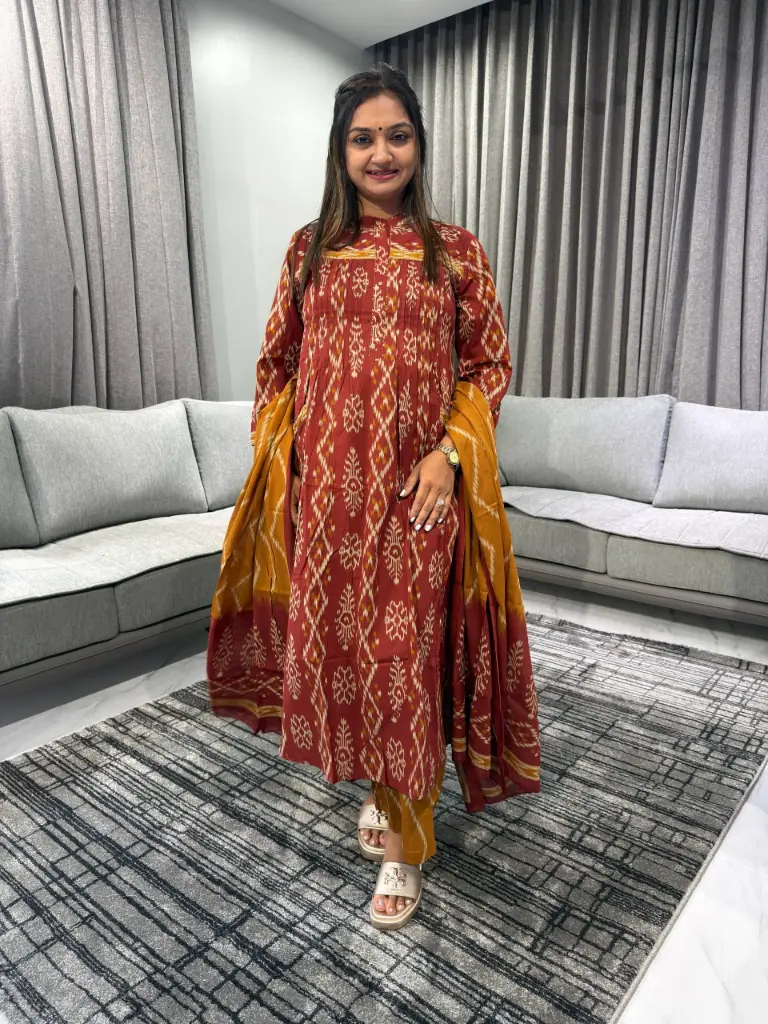 Maroon Mustard Ikat Cotton Suit Set