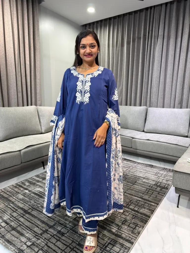 Royal Blue Floral Mull Cotton 3-Piece Suit Set