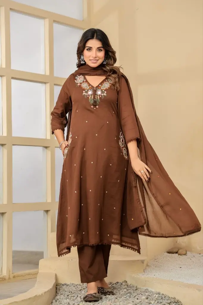 Mocha Elegance Mull Cotton Suit Set