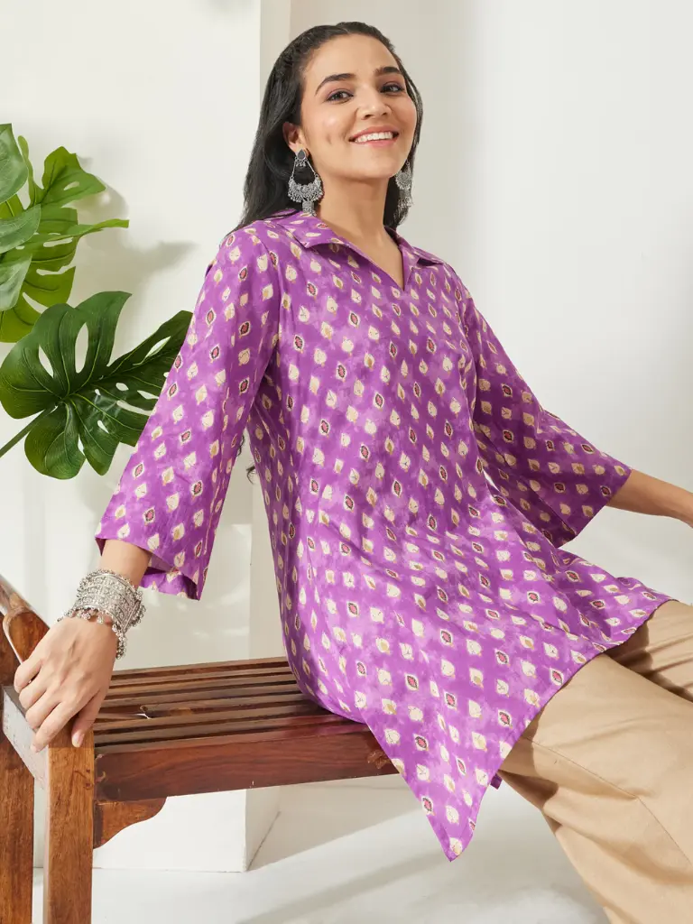 Purple Pure Cotton Ethnic Motifs Printed A-Line Tunic
