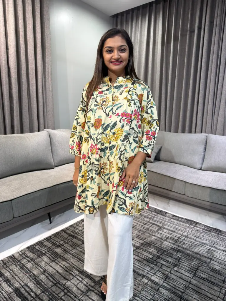 Beige Pure Cotton Floral Printed A-Line Tunic