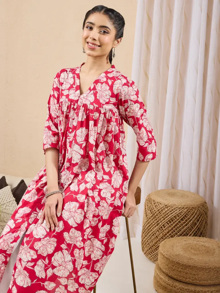 Pink Pure Cotton Floral Printed A-line Kurta