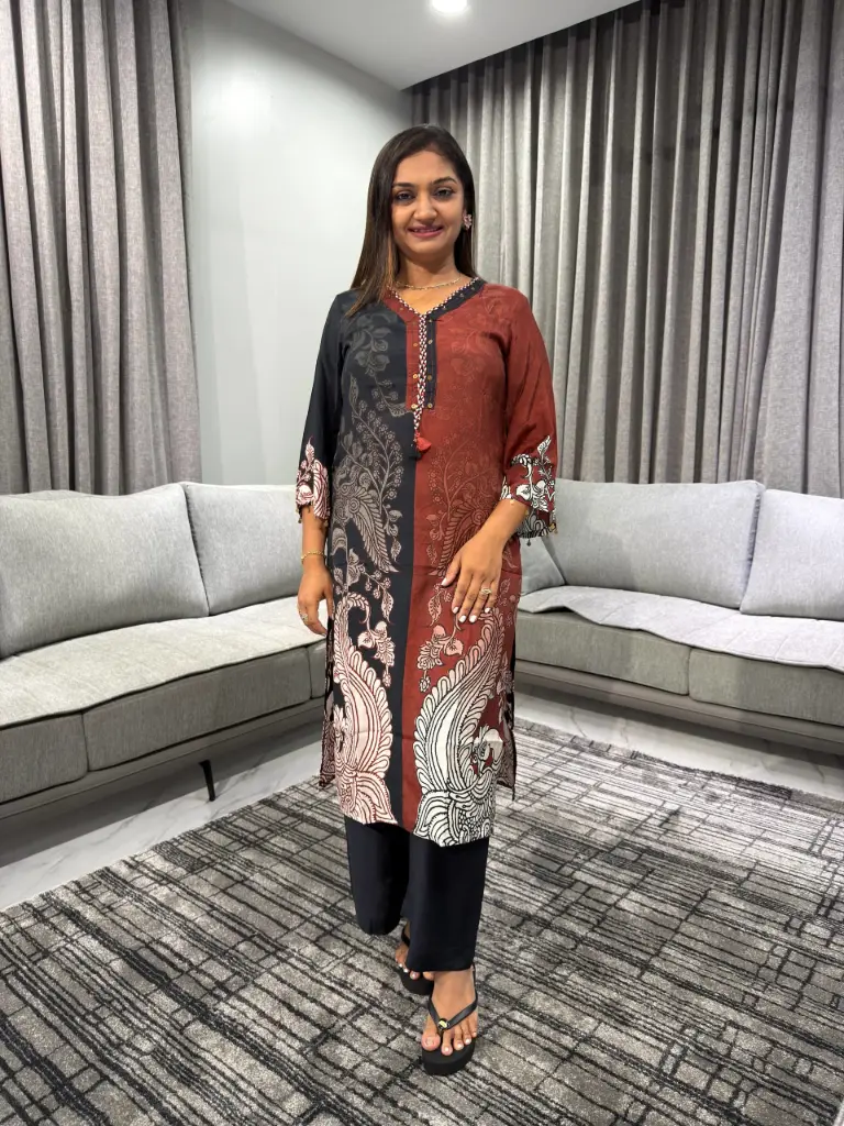 Rust Red & Charcoal Kalamkari Viscose Muslin Kurta Set