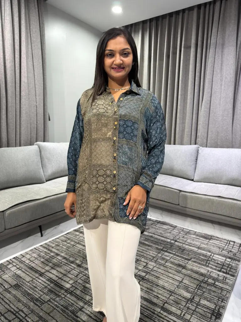 Teal & Indigo Ajrakh Natural Crepe Shirt
