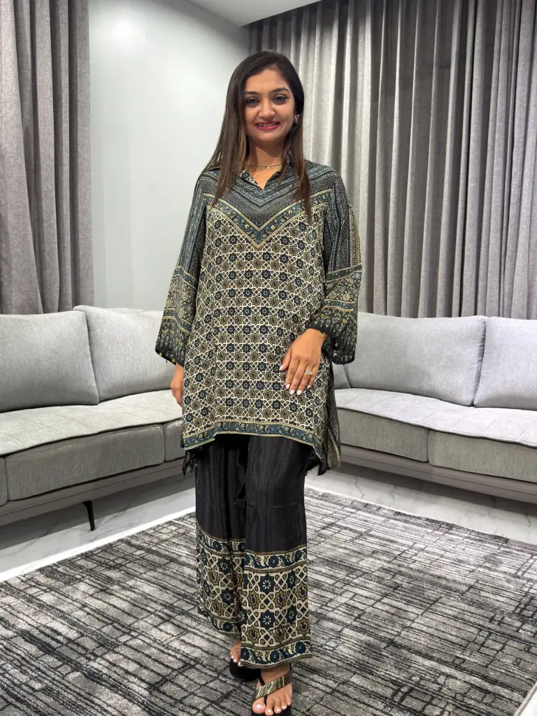 Charcoal & Olive Ajrakh Natural Crepe Coord Set