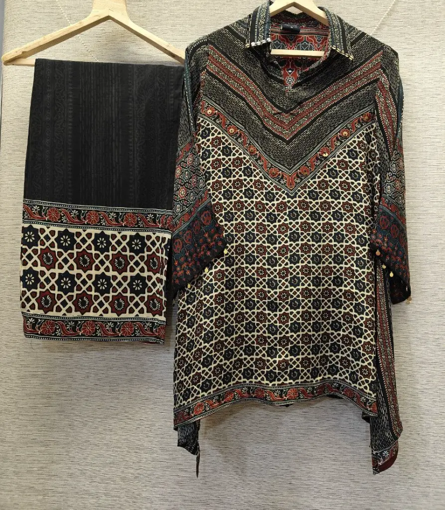 Crimson & Charcoal Ajrakh Natural Crepe Coord Set