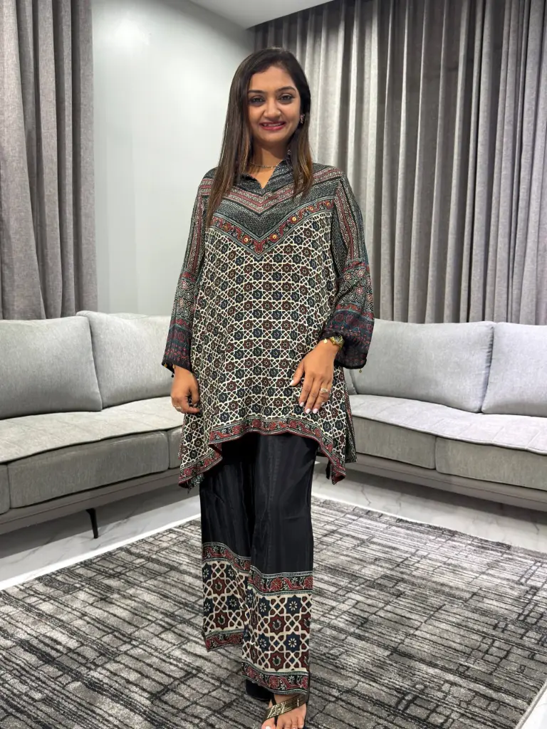 Crimson & Charcoal Ajrakh Natural Crepe Coord Set
