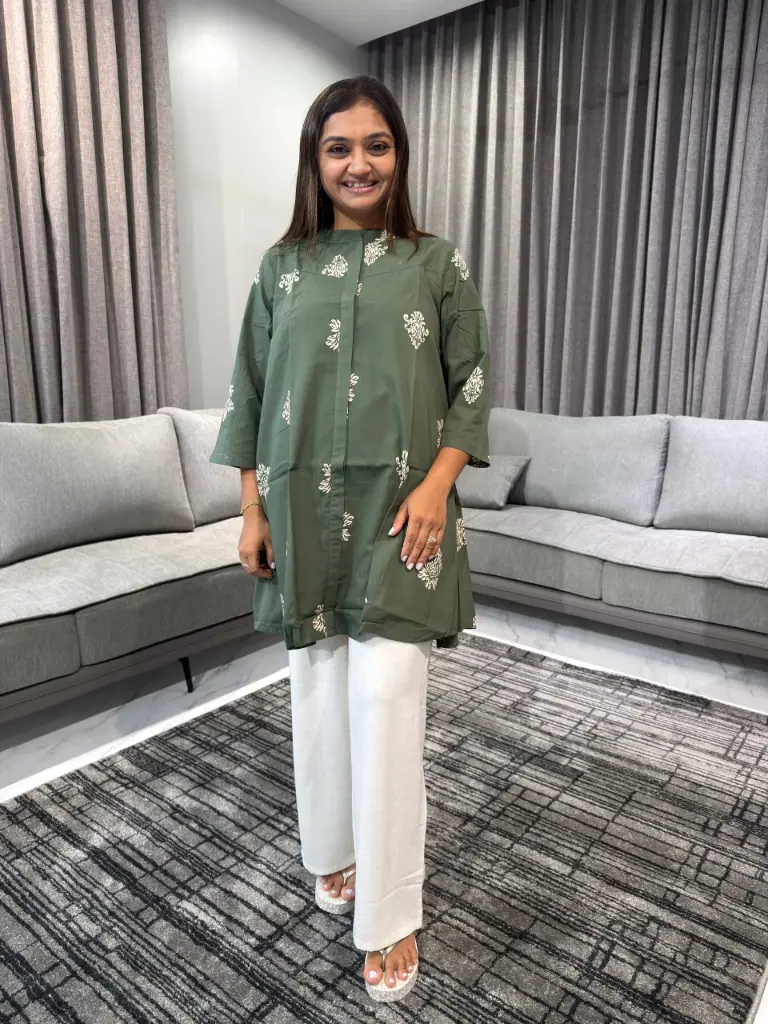 Olive Bloom Printed Cotton Tunic