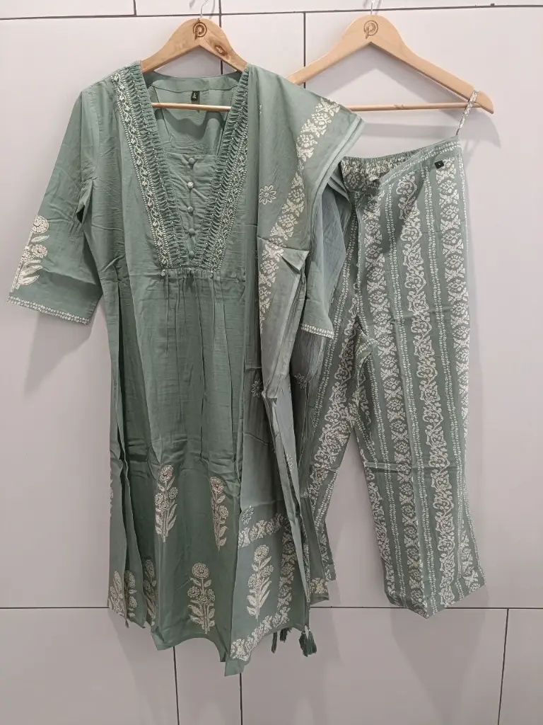 Sage Bloom Premium Cotton 3-Piece Kurta Set