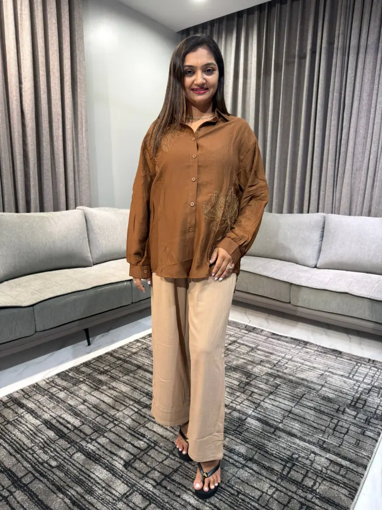 Mocha Bloom Oversized Linen Shirt
