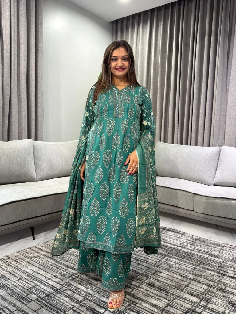 Emerald Bloom Pure Cotton 3-Piece Suit Set