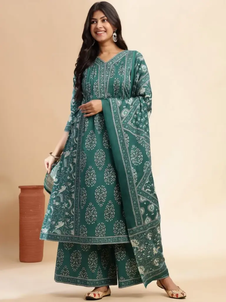 Emerald Bloom Pure Cotton 3-Piece Suit Set