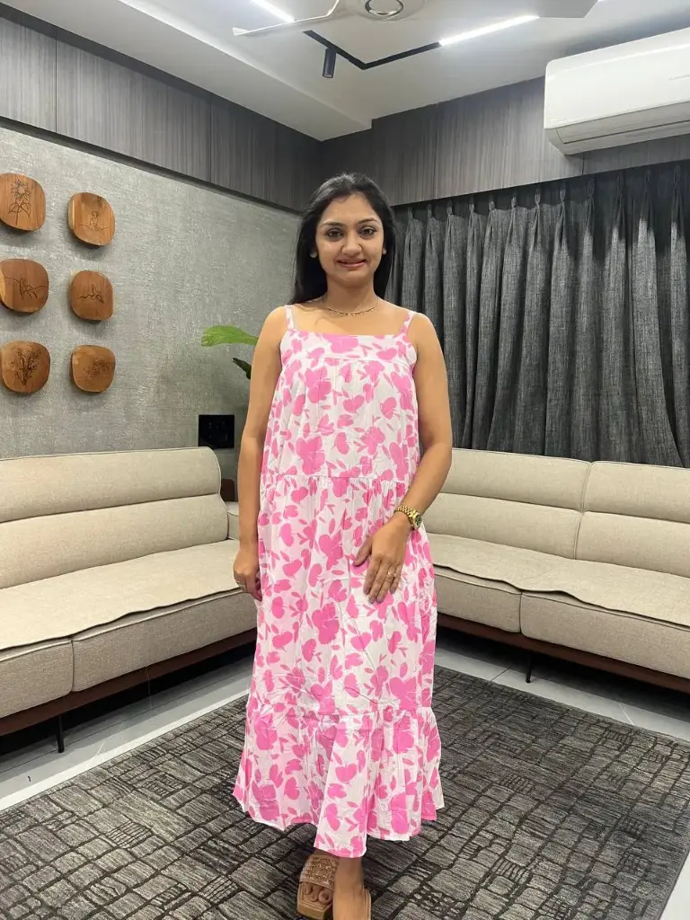 Pink Pure Cotton Abstract Printed Tiered Dress
