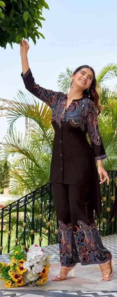 Deep Brown Paisley Premium Discharge Rayon Co-Ord Set