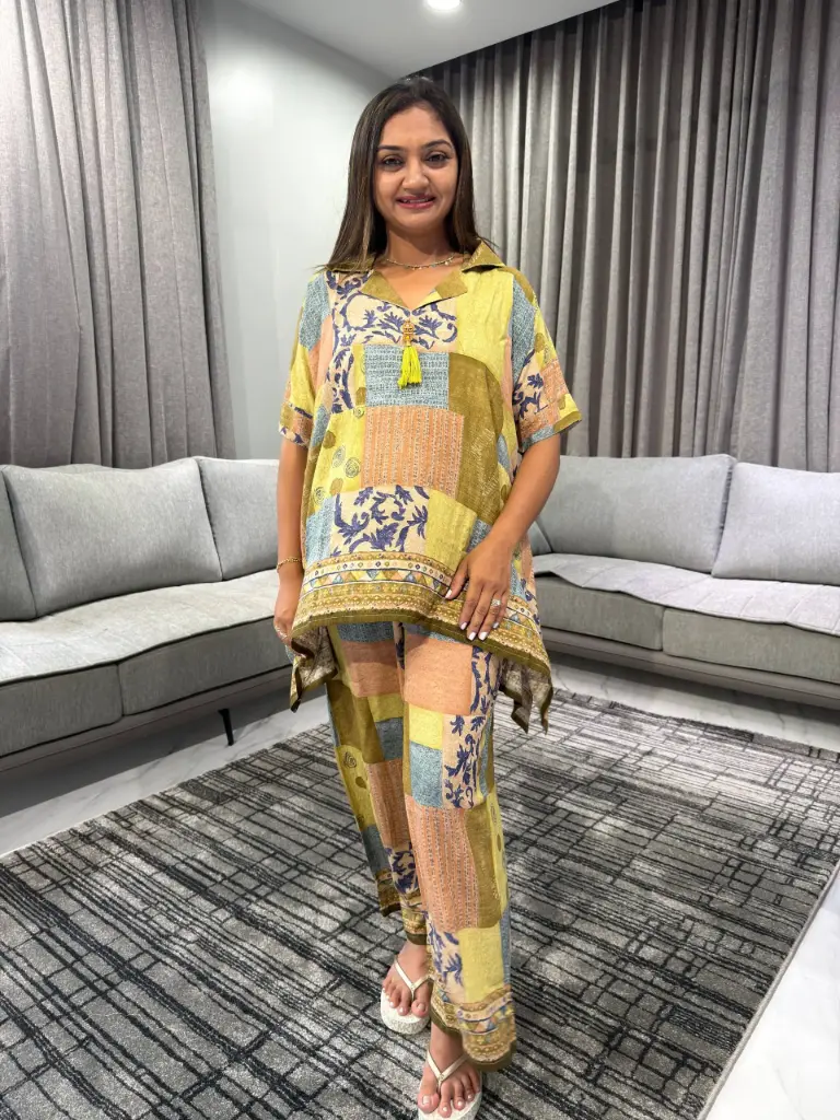 Mustard Patchwork Premium Discharge Rayon Co-Ord Set