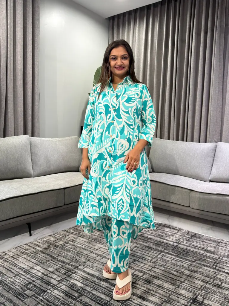 Aqua Abstract Printed Pure Cotton Kurta Set