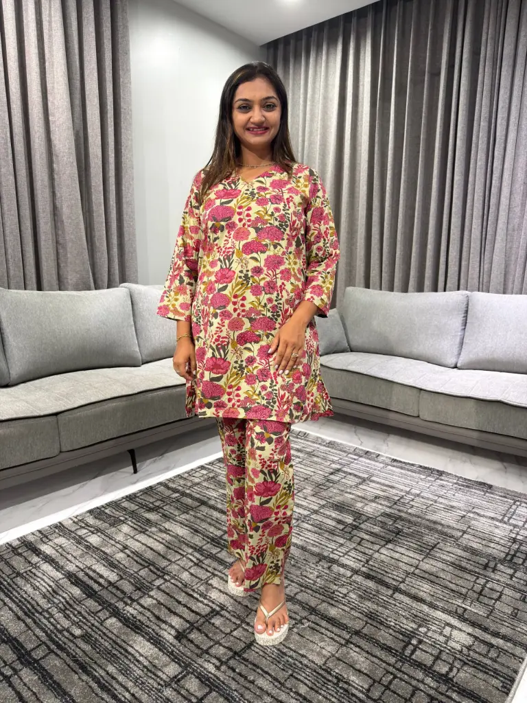 Mint Color Cotton Floral Printed A-line Co-ord Set