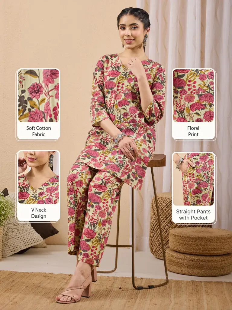 Mint Color Cotton Floral Printed A-line Co-ord Set