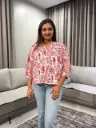Cream Pure Cotton Floral Printed Shirt Style Top