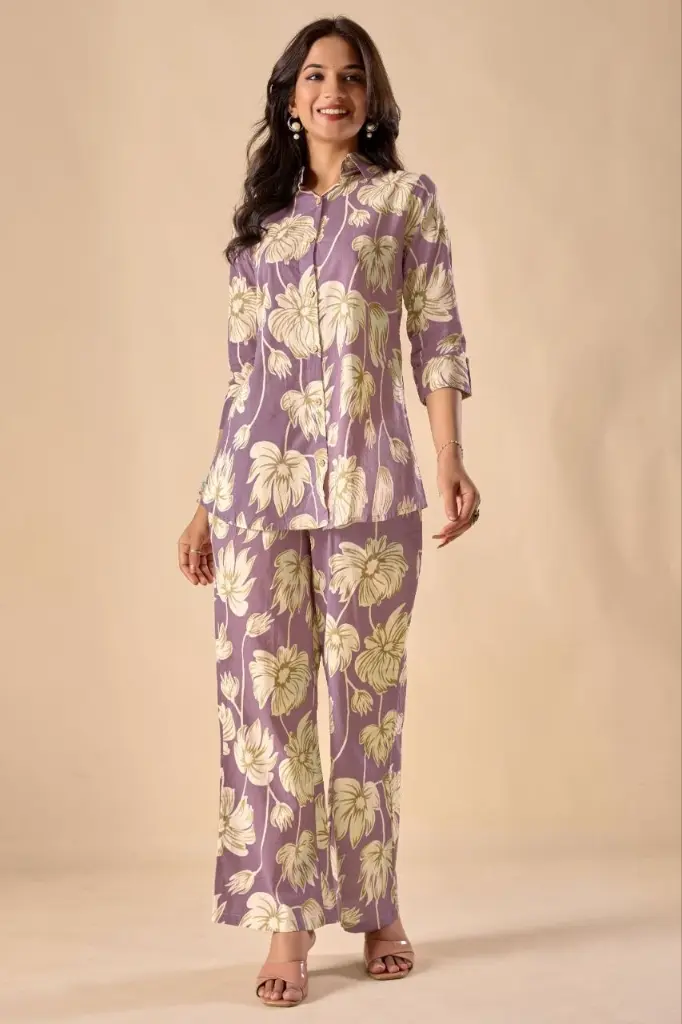 Lavender Floral Printed Pure Cotton Co-Ord Set