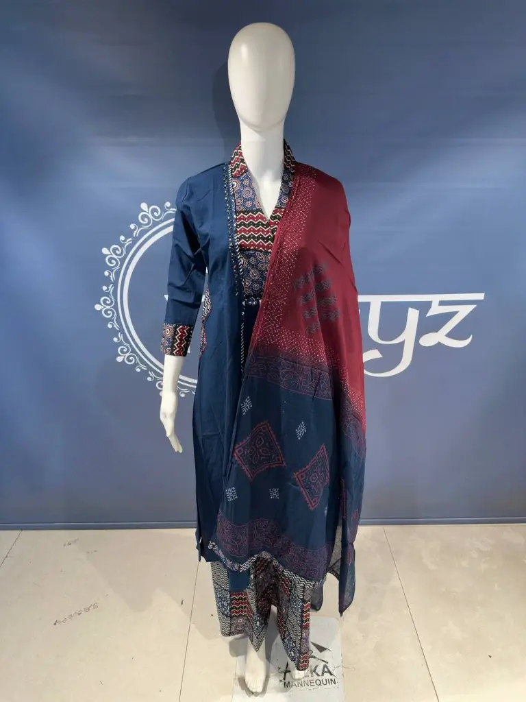 Navy Ethnic Printed Pure Cotton 3-Piece Kurta Set