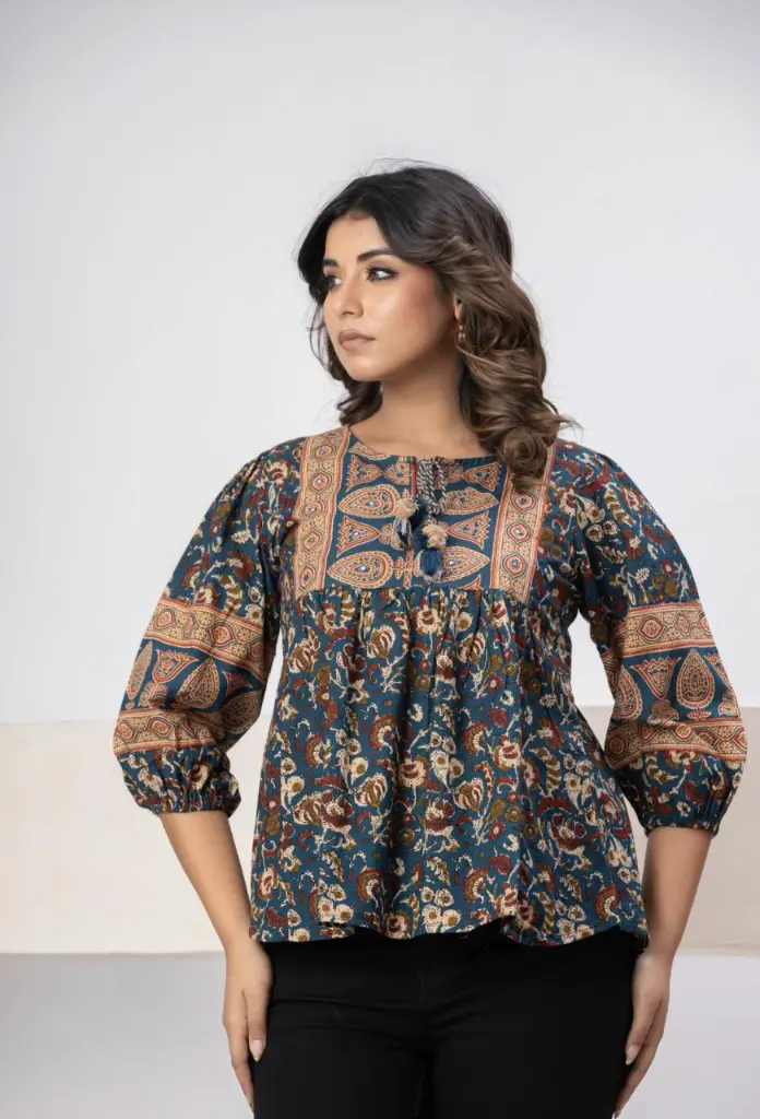 Teal Paisley Floral Pure Cotton Peplum Top