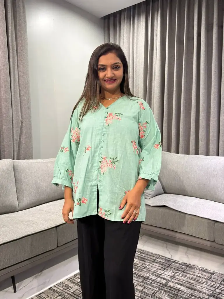 Mint Green Floral Slub Cotton Tunic