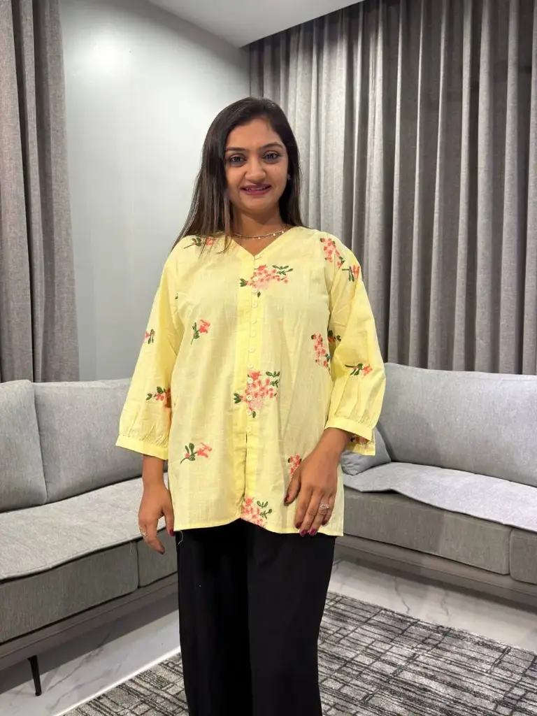 Pastel Yellow Floral Slub Cotton Tunic