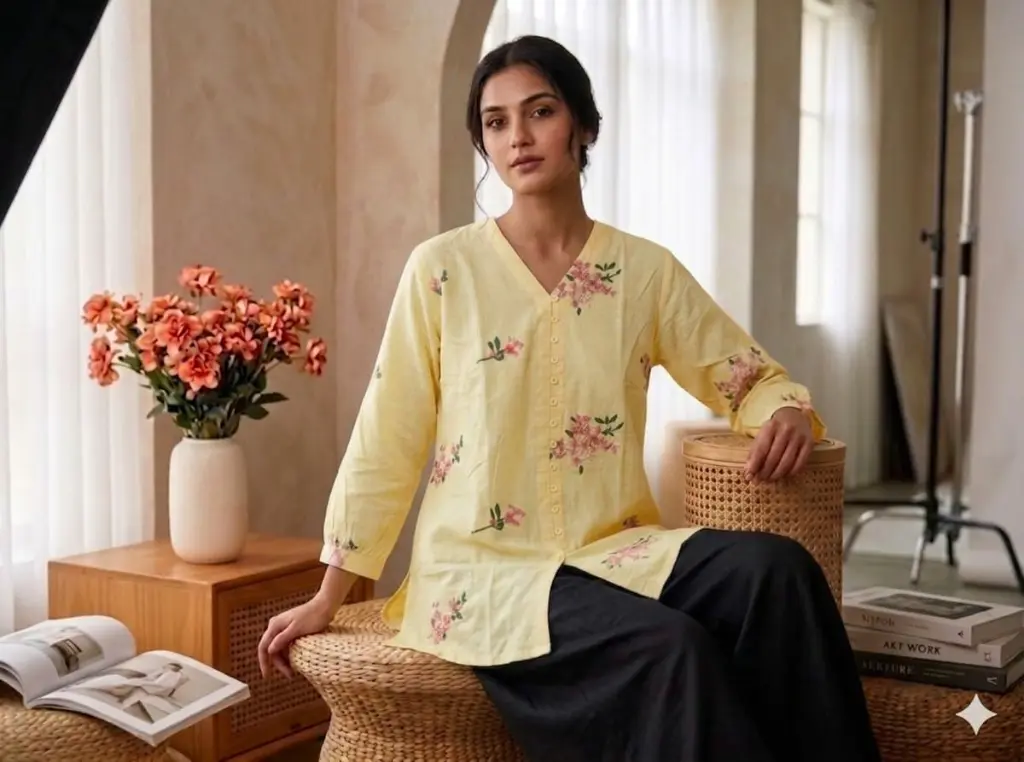 Pastel Yellow Floral Slub Cotton Tunic