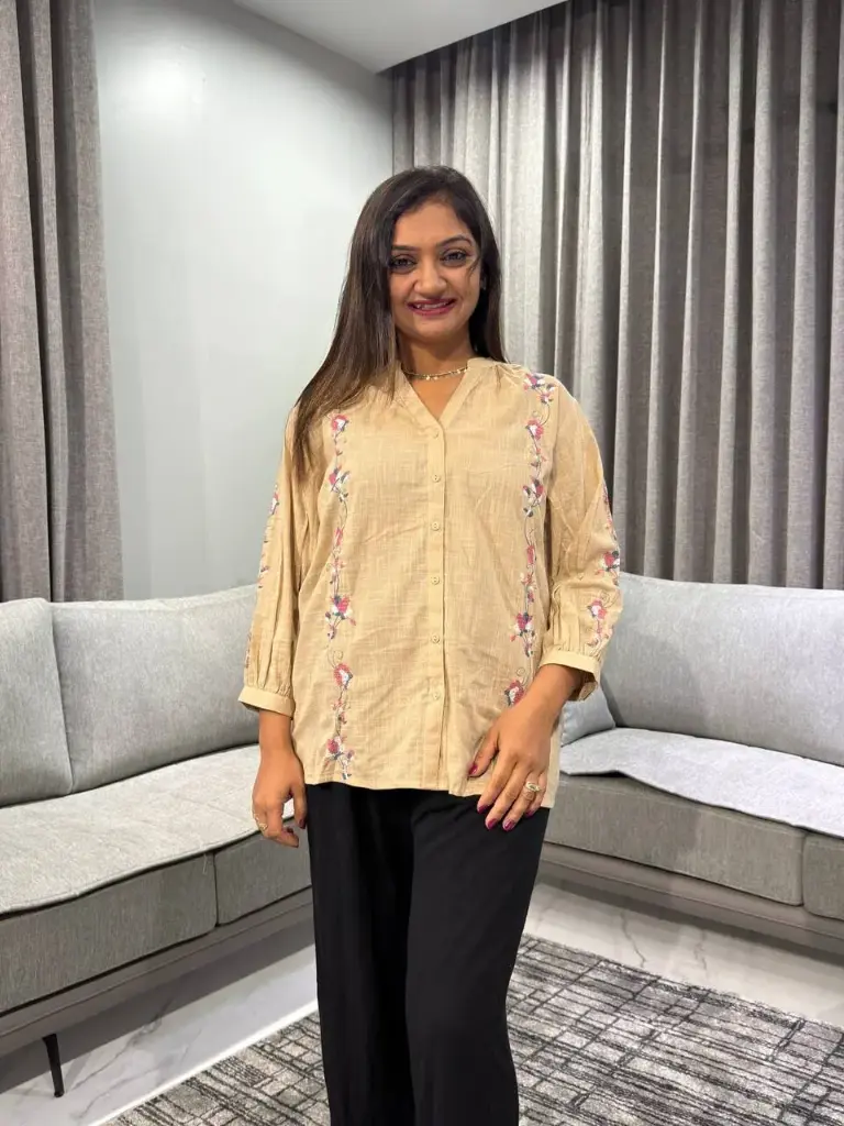 Beige Floral Embroidered Slub Cotton Tunic