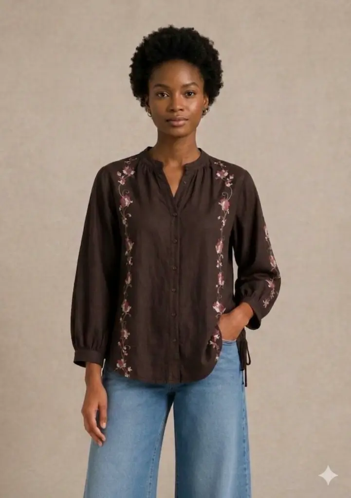 Dark Brown Floral Embroidered Slub Cotton Tunic