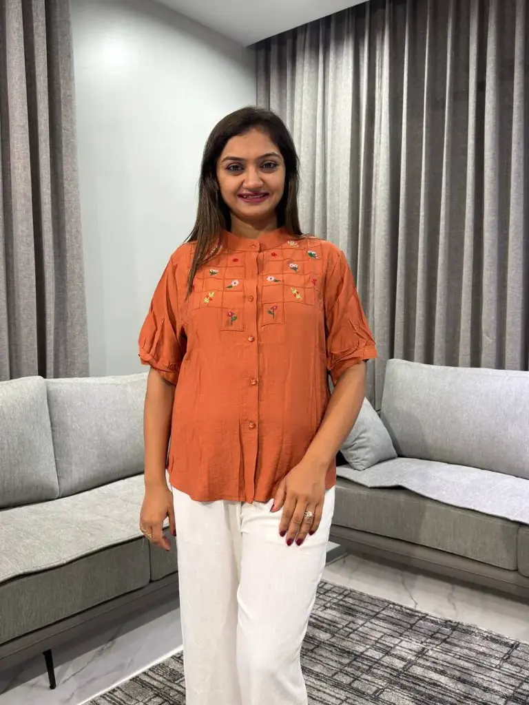 Rust Terracotta Embroidered Soft Linen Top