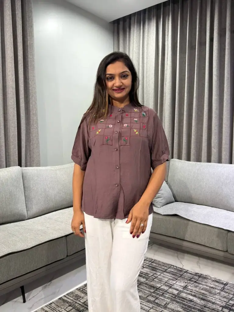 Mauve Taupe Embroidered Soft Linen Top