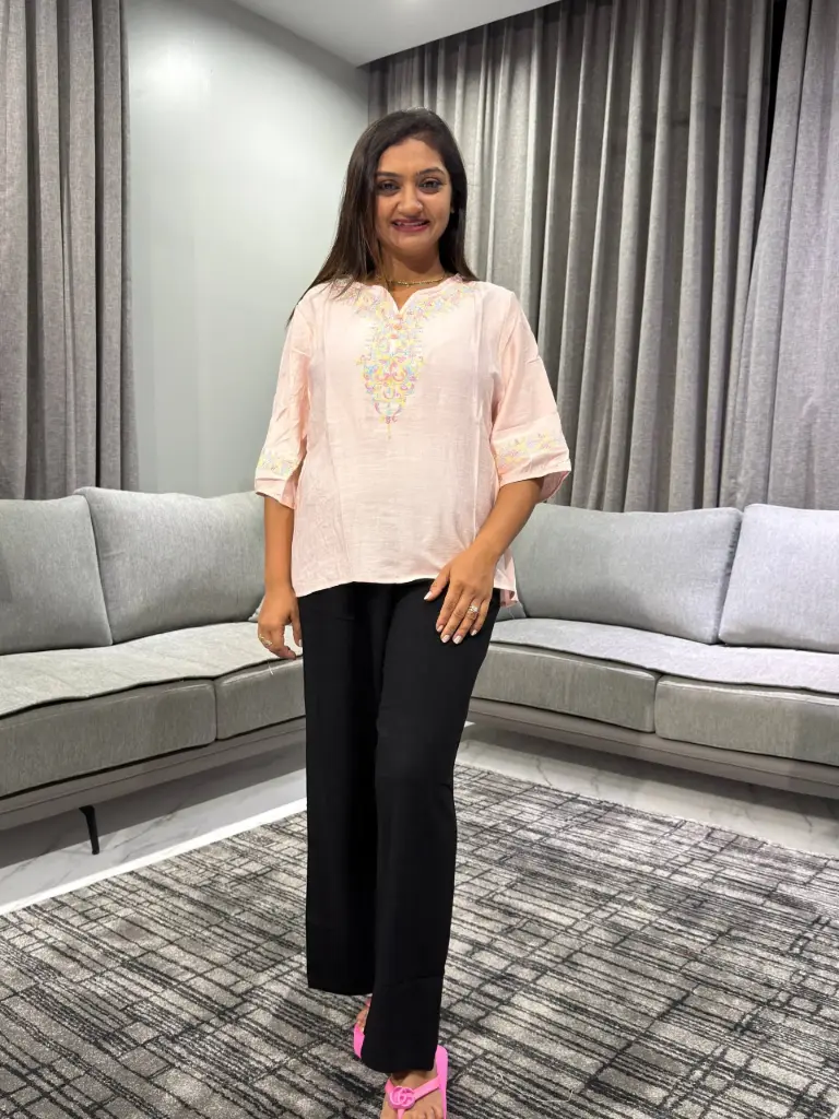 Pastel Pink Embroidered Soft Linen Top