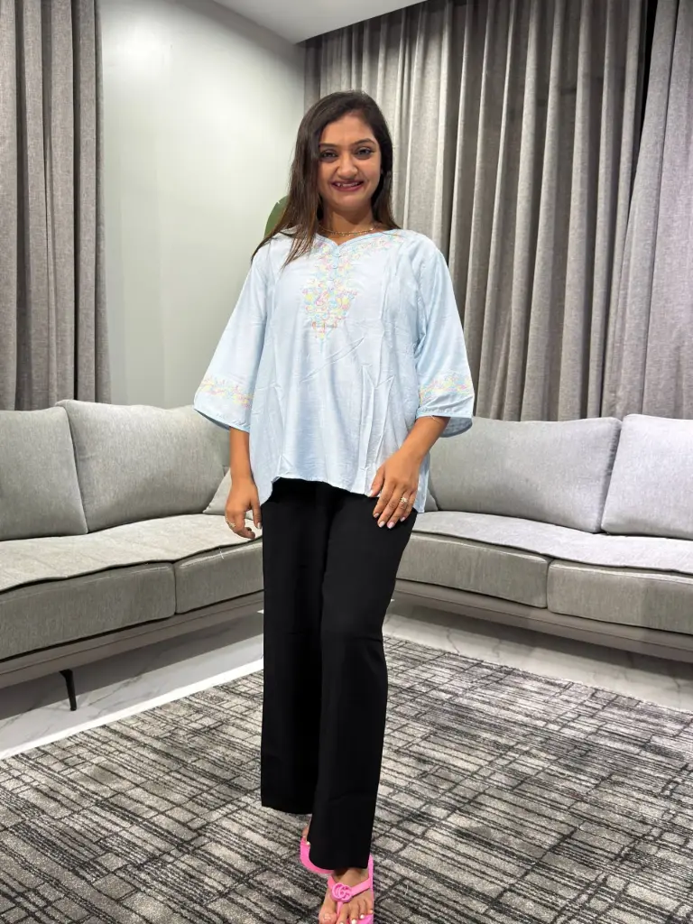Pastel Sky Blue Embroidered Soft Linen Top