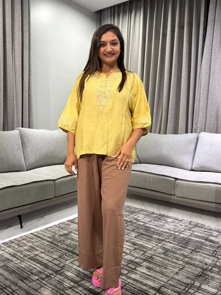 Olive Chartreuse Embroidered Soft Linen Top