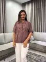 Mauve Taupe Floral Embroidered Soft Linen Top