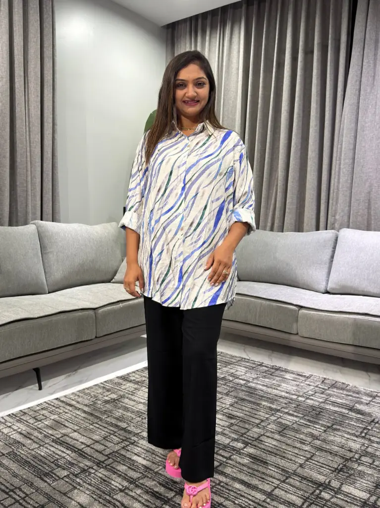 Blue Abstract Wave Printed Premium Linen Long Shirt