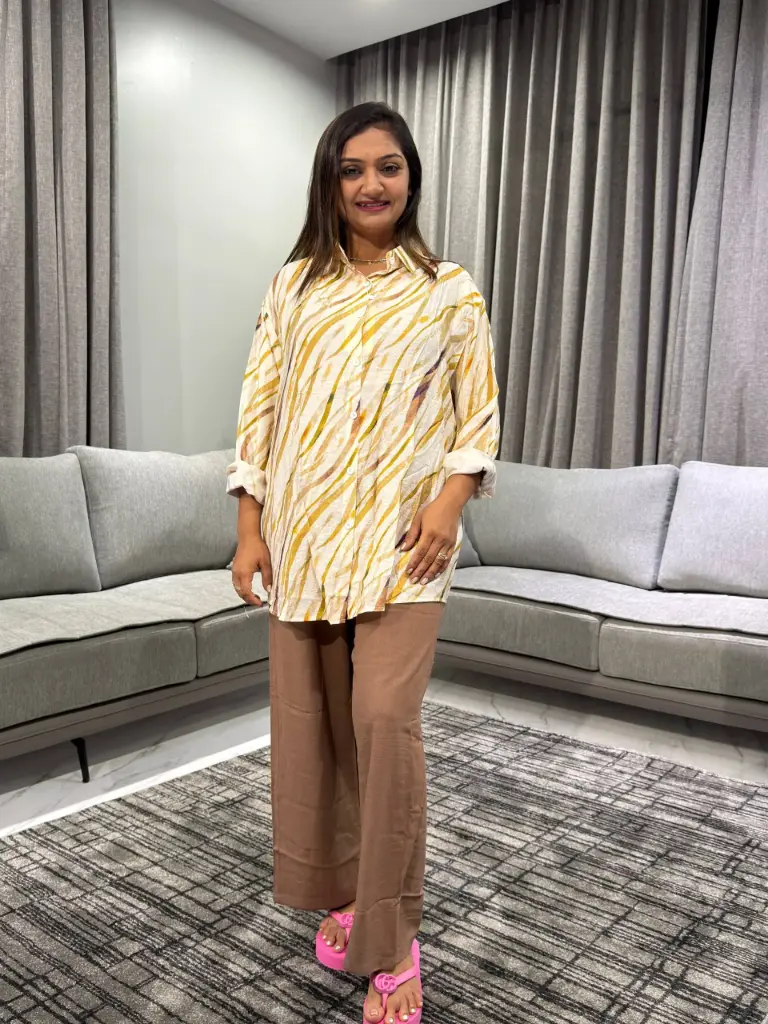 Yellow Abstract Wave Printed Premium Linen Long Shirt