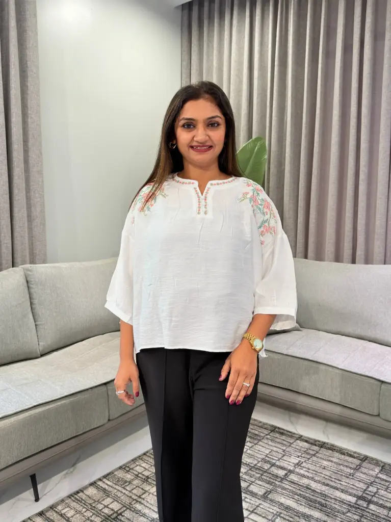 Floral Embroidered White Soft Linen Free Size Top