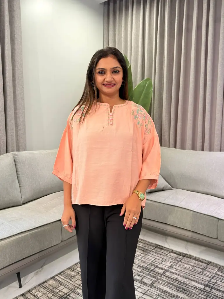 Peach Blossom Embroidered Soft Linen Top