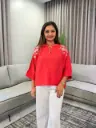 Coral Bloom Embroidered Soft Linen Top