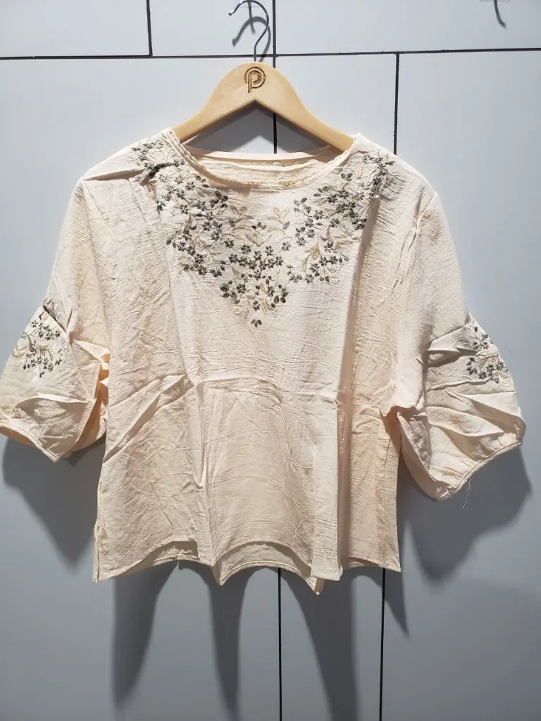 Ivory Bloom Embroidered Soft Linen Top