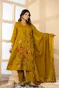 Mustard Yellow Embroidered Mull Cotton Kurta Set